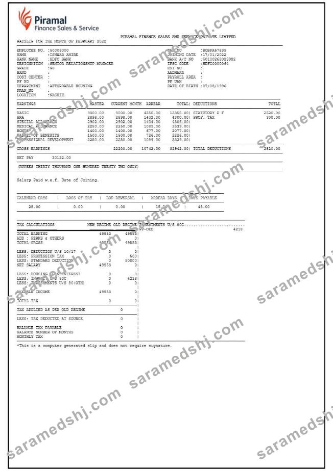 Piramal Financial Services payslip template in Word and PDF formats.pdf, 1